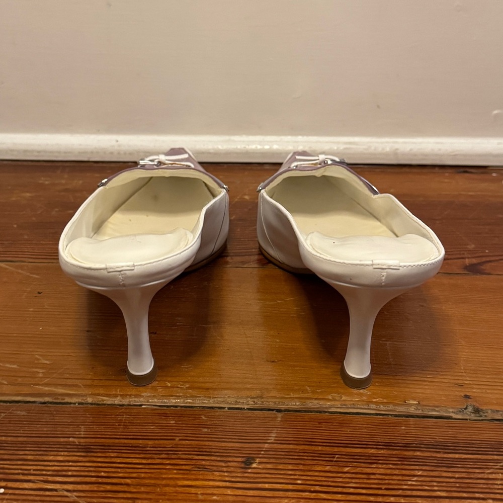 White and Lilac Pointed-Toe Mule Heels with Silver Accent - Picture 4 of 9